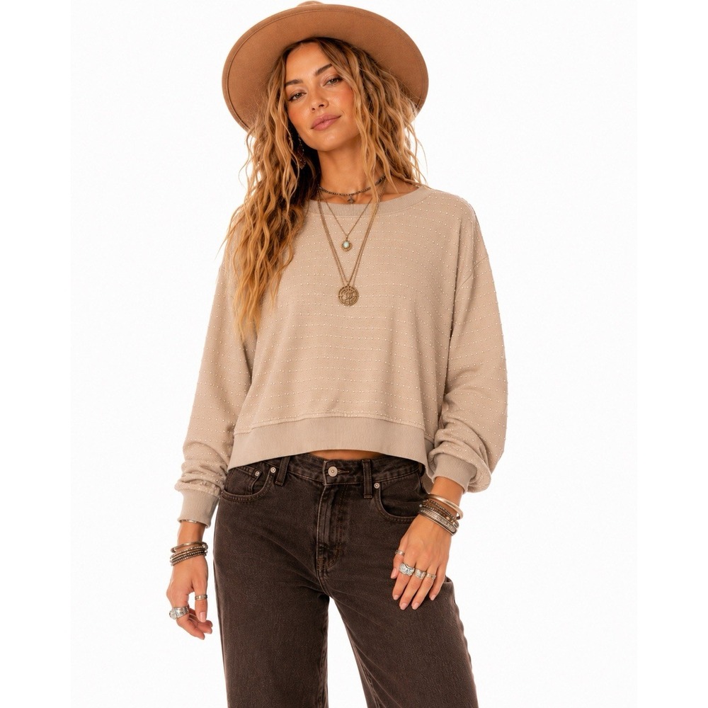 Aerie Take It‎ Easy Cropped Boxy Oversized Sweatshirt S Embroidered Boho Whimsy - Picture 1 of 14